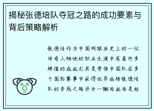 揭秘张德培队夺冠之路的成功要素与背后策略解析