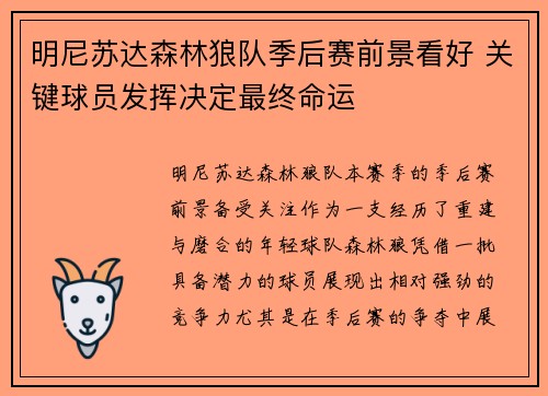 明尼苏达森林狼队季后赛前景看好 关键球员发挥决定最终命运