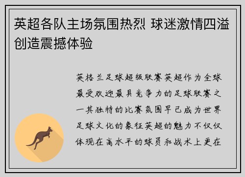 英超各队主场氛围热烈 球迷激情四溢创造震撼体验 英超各队主场氛围热烈 球迷激情四溢创造震撼体验